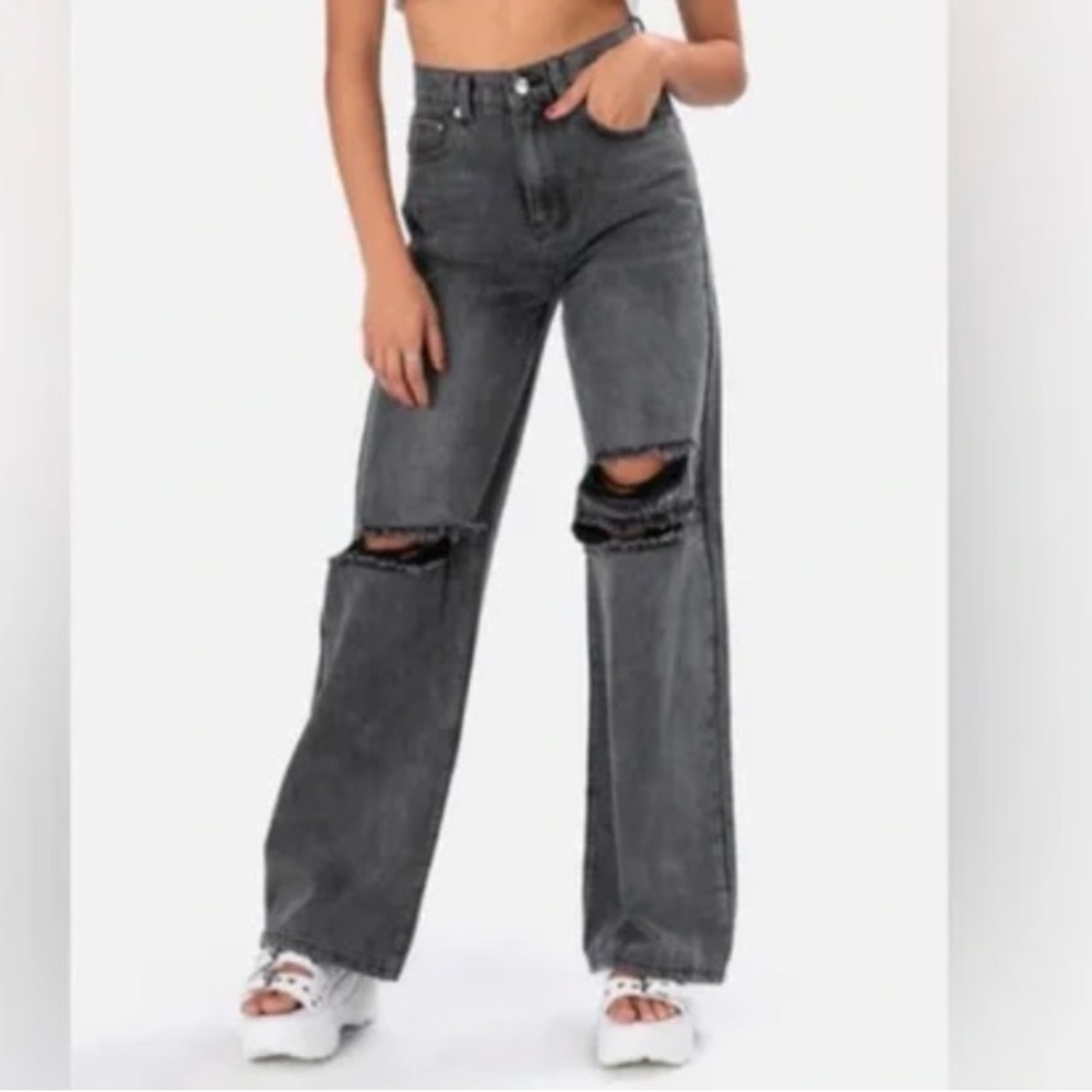 Women's Wide Leg Distressed Black Jeans